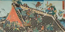 Battle on roof of Horyukaku, from the Play Tale of the Eight Dogs (Hakkenden), 1854. Creator: Utagawa Kunisada II