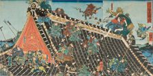 Battle on roof of Horyukaku, from the Play Tale of the Eight Dogs (Hakkenden), 1854. Creator: Utagawa Kunisada II