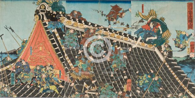 Battle on roof of Horyukaku, from the Play Tale of the Eight Dogs (Hakkenden), 1854. Creator: Utagawa Kunisada II.