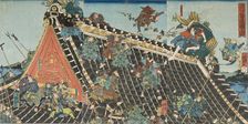 Battle on roof of Horyukaku, from the Play Tale of the Eight Dogs (Hakkenden), 1854. Creator: Utagawa Kunisada II