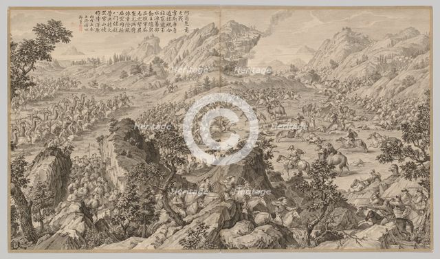 Battle at Aerchuer: from Battle Scenes of the Quelling of Rebellions..., c. 1765-1774; poem dated 17 Creator: Jean Damascene Sallusti (Italian, d. 1781).