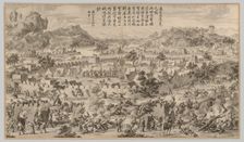 Battle at Tunggushi Luke: from Battle Scenes of the Quelling of the Rebellions..., c. 1765-1774. Creator: Unknown