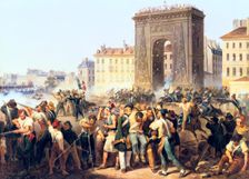 Battle at the Porte St Denis, 28th July, 1830 Paris. Artist: Hippolyte Lecomte