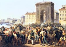 Battle at the Porte St Denis, 28th July, 1830 Paris. Artist: Hippolyte Lecomte