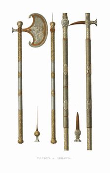 Battle axe and chekan. From the Antiquities of the Russian State, 1849-1853. Creator: Solntsev, Fyodor Grigoryevich (1801-1892)