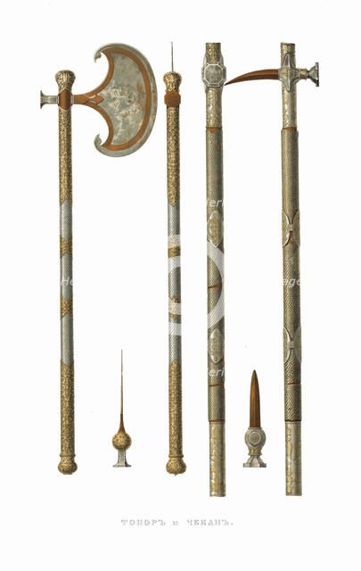 Battle axe and chekan. From the Antiquities of the Russian State, 1849-1853. Creator: Solntsev, Fyodor Grigoryevich (1801-1892).