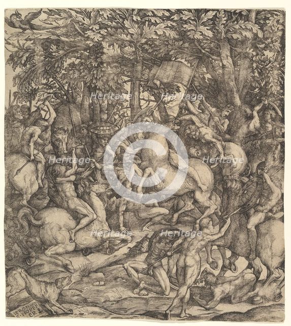 Battle between cavalry and infantry in a wood, 16th century. Creator: Hieronymus Hopfer.