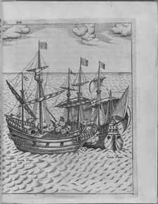 Battle between Francis Drake's ship Golden Hind and the Spanish ship Cacafuego. (From Levinus Hulsiu Artist: Anonymous