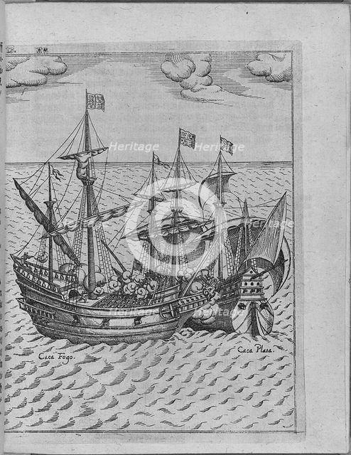 Battle between Francis Drake's ship Golden Hind and the Spanish ship Cacafuego. (From Levinus Hulsiu Artist: Anonymous  
