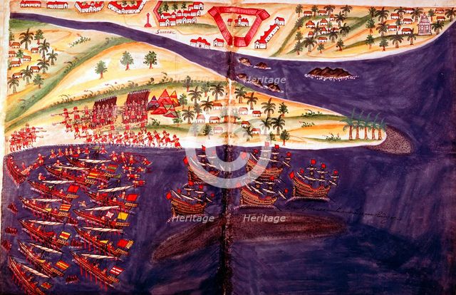 Battle between Muslims and Portuguese at Surat, Gujarat near Bombay, India, c16th century Artist: Unknown