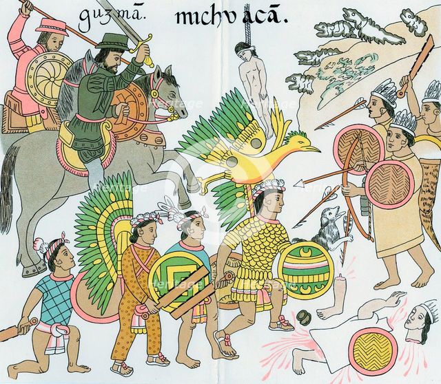 Battle between Nuno de Guzman and inhabitants of Michuacan, Mexico, 16th century. Artist: Unknown