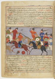 Battle between the Mongol and Jin Jurchen armies in north China in 1211. Miniature from Jami al-taw Artist: Anonymous