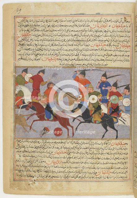 Battle between the Mongol and Jin Jurchen armies in north China in 1211. Miniature from Jami' al-taw Artist: Anonymous  
