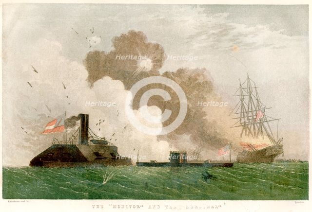 Battle between the 'Monitor' and the 'Merrimac', American Civil War, 1862 (1864). Artist: Unknown