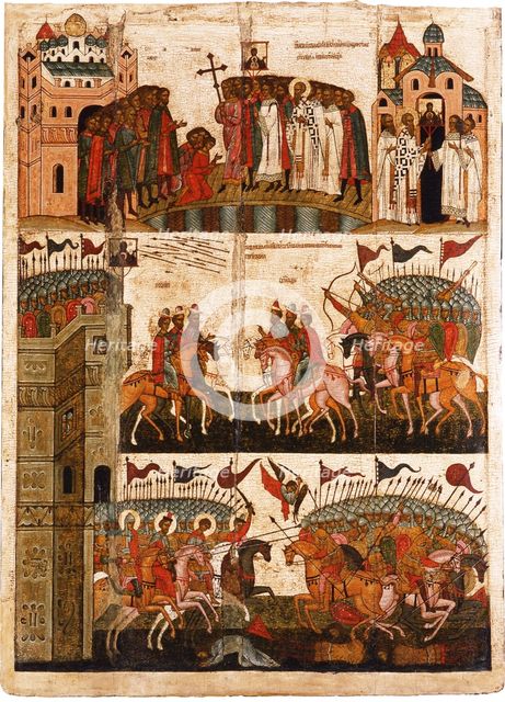 Battle between the Novgorodians and Suzdalians, Mid of the 15th cen.. Artist: Russian icon  