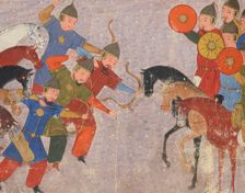 Battle between the Khwarezmian army and the Mongols. Miniature from Jami al-tawarikh (Universal His