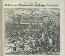Battle between the Spaniards and the Indians at the gates of Cuzco, 1596. Creator: Bry, Theodor de (1528-1598)