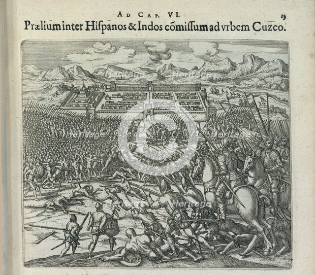 Battle between the Spaniards and the Indians at the gates of Cuzco, 1596. Creator: Bry, Theodor de (1528-1598).
