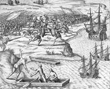Battle in Jamaica between Christopher Columbus and Francisco Poraz, 1504 (1631). Creator: Theodor de Bry