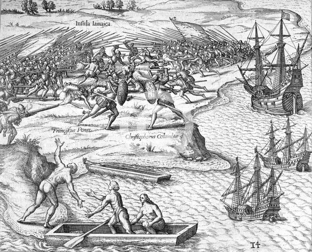 Battle in Jamaica between Christopher Columbus and Francisco Poraz, 1504 (1631). Creator: Theodor de Bry.