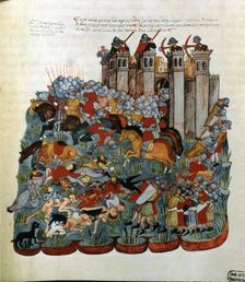 Battle scene, miniature in the Bible of the Alba House, 1430