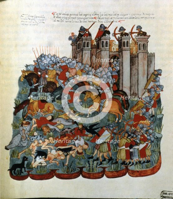 Battle scene, miniature in the Bible of the Alba House, 1430.