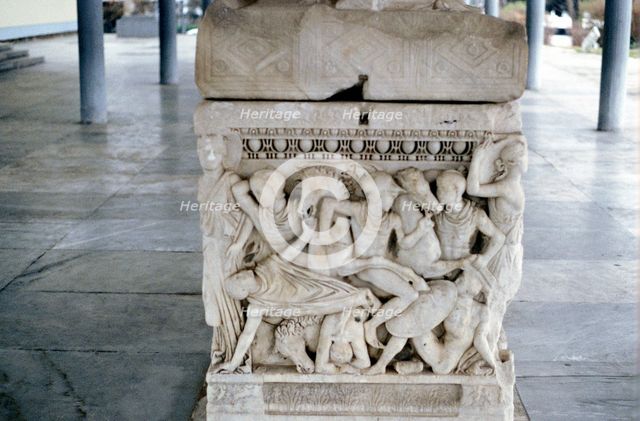 Battle scene on the foot of a sarcophagus, c300 BC.  Artist: Anon