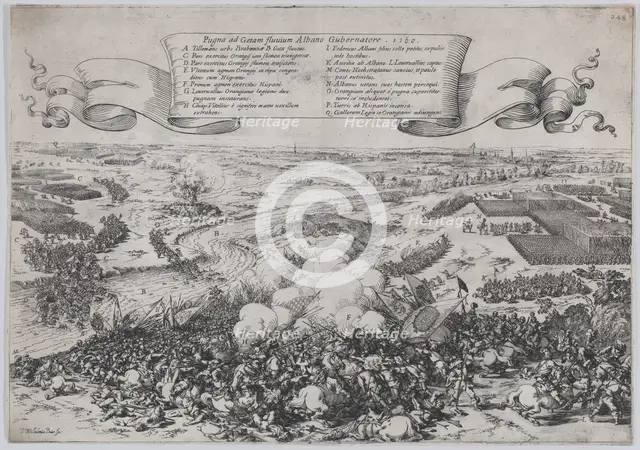 Battle scene: forces led by William of Orange crossing the Gete River to attack the Duke o..., 1632. Creator: Johann Wilhelm Baur.
