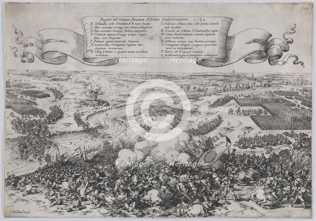 Battle scene: forces led by William of Orange crossing the Gete River to attack the Duke o..., 1632. Creator: Johann Wilhelm Baur.