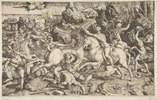Battle scene in a landscape with soldiers on horseback and several fallen men, another..., ca. 1520. Creator: Marco Dente