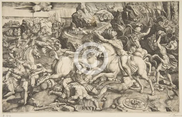 Battle scene in a landscape with soldiers on horseback and several fallen men, another..., ca. 1520. Creator: Marco Dente.