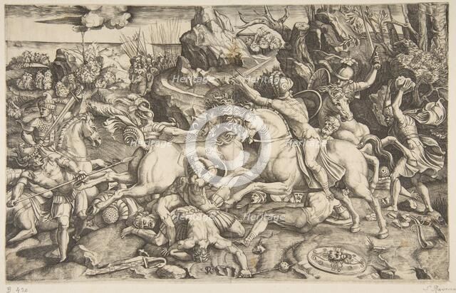 Battle scene in a landscape with soldiers on horseback and several fallen men, another..., ca. 1520. Creator: Marco Dente.