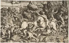 Battle scene in a landscape with soldiers on horseback and several fallen men, another..., ca. 1520. Creator: Marco Dente