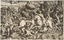 Battle scene in a landscape with soldiers on horseback and several fallen men, another..., ca. 1520. Creator: Marco Dente