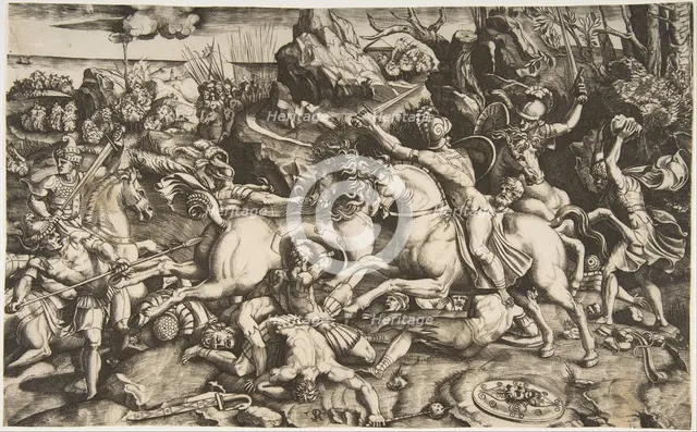 Battle scene in a landscape with soldiers on horseback and several fallen men, another..., ca. 1520. Creator: Marco Dente.