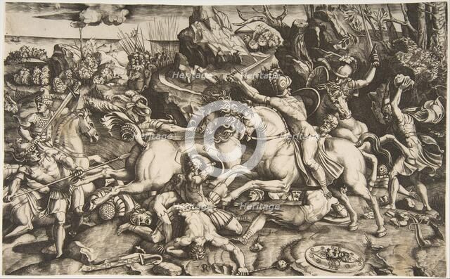 Battle scene in a landscape with soldiers on horseback and several fallen men, another..., ca. 1520. Creator: Marco Dente.