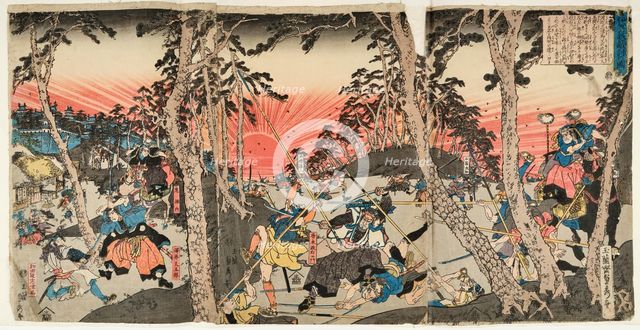 Battle scene in the sunset, 1843. Creator: Sadahide, Utagawa (1807-1873).