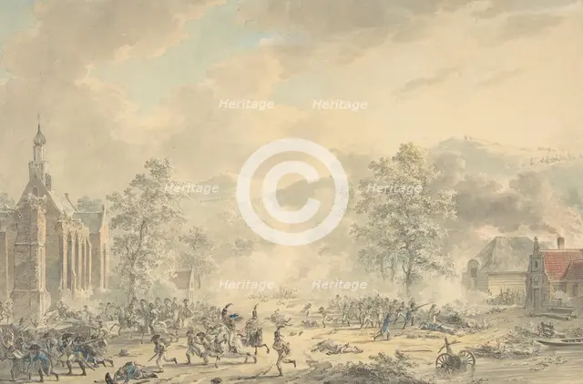 Battle Scene with Church at left, ca. 1790-1800. Creator: Dirk Langendijk.