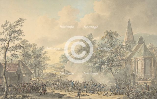 Battle Scene with Church at right, ca. 1790-1800. Creator: Dirk Langendijk.