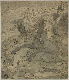 Battle Scene with Charging General on Horseback in Foreground, Artillery and Cannons in Ba..., n.d. Creator: Unknown