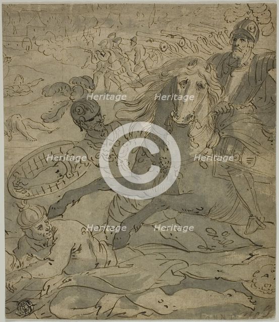 Battle Scene with Charging General on Horseback in Foreground, Artillery and Cannons in Ba..., n.d. Creator: Unknown.