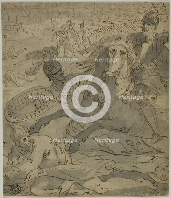 Battle Scene with Charging General on Horseback in Foreground, Artillery and Cannons in Ba..., n.d. Creator: Unknown.