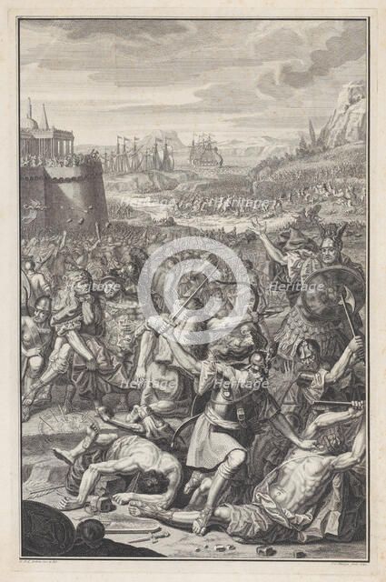 Battle scene with a man about to be stabbed with a sword at lower right, 1730. Creator: Jan Caspar Philips.