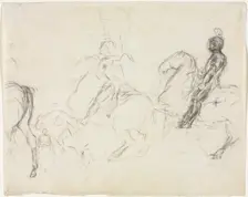 Battle Scene with Armored Figures on Horseback (recto) Two Seated Women (verso), 1856-1860. Creator: Edgar Degas (French, 1834-1917)