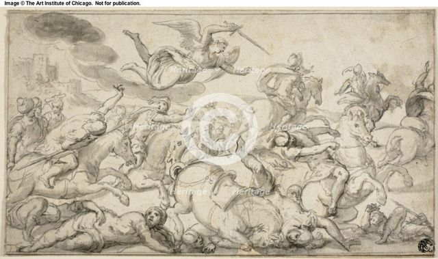 Battle Scene with Horsemen Fleeing from Avenging Angel, c. 1650. Creator: Dirck Hals.
