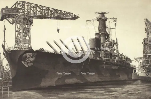 Battle Wagon - USS Alabama Outfitting at Norfolk Navy Yard Crane Ship Kearsarge Alongside, 1943. Creator: John Taylor Arms.
