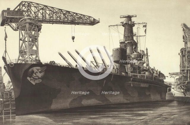 Battle Wagon - USS Alabama Outfitting at Norfolk Navy Yard Crane Ship Kearsarge Alongside, 1943. Creator: John Taylor Arms.