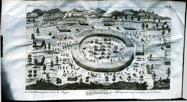 Battle with Ambiorix, chief of Eburones from the Belgian Gaul, engraving from 'Bellium Gallim' (G…