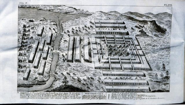 Battle with Vercingetorix, Gaulish leader of the resistance against Rome, engraving from 'Bellium…