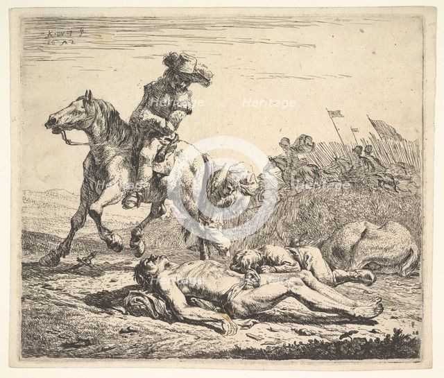 Battlefield with horseman looking over his left shoulder toward stripped corpse on the gro..., 1652. Creator: Karel Du Jardin.